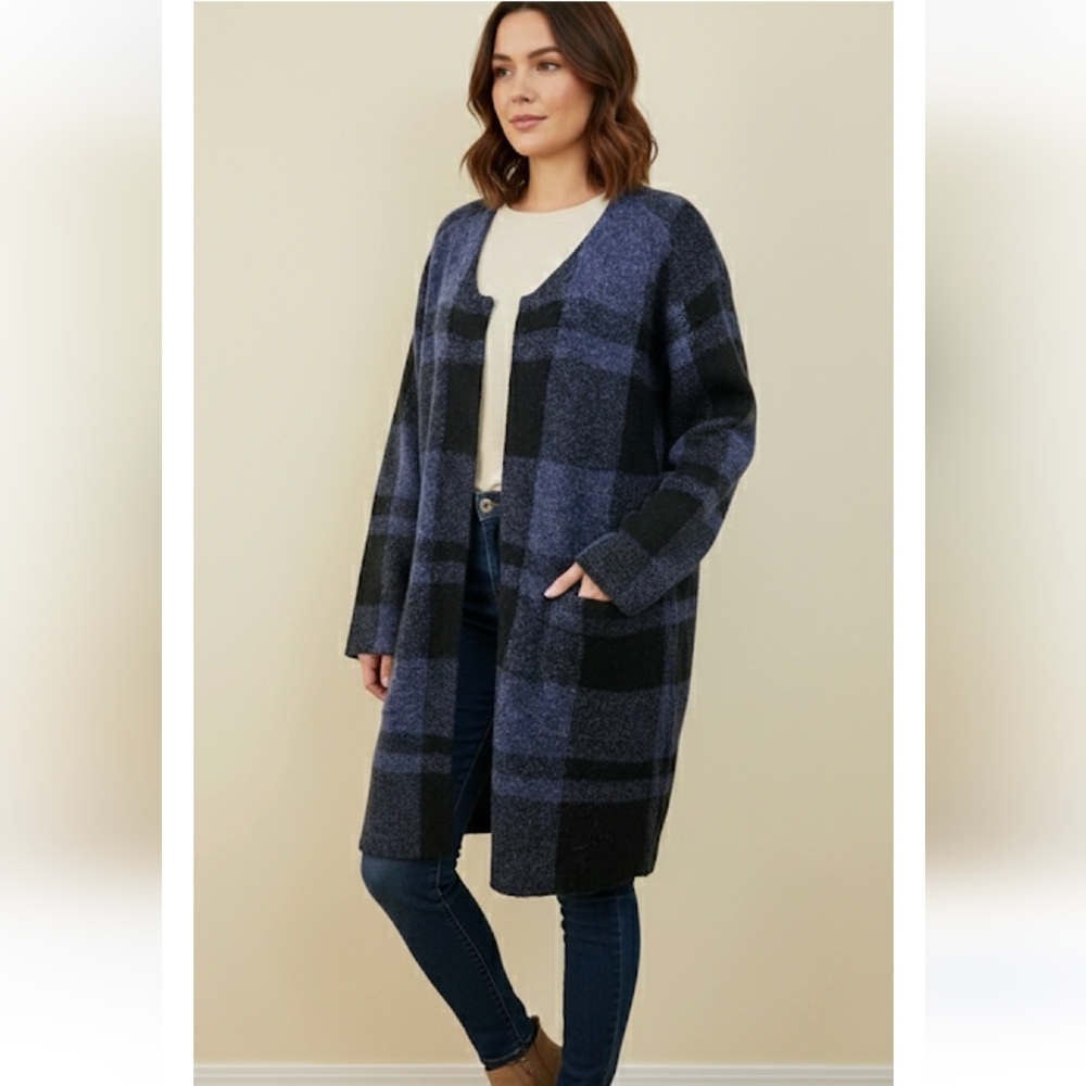 Cyrus Plaid Snap Up Cardigan - Black and Blue Longline